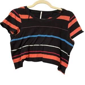 Free People Black & Orange Striped Cropped Oversized Tee Shirt Womens XS Boxy